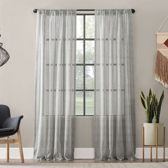 Clean Window - 95"x52" Textured Slub Stripe AntiDust Curtain Pane Gray - Picture 1 of 6